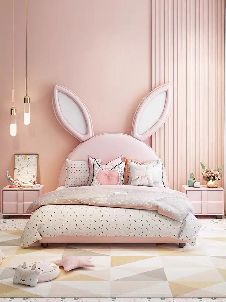 modern  velvet  fabric solid wood frame high rebound sponge 1.2m/1.5m pink kids girls beds for bedroom