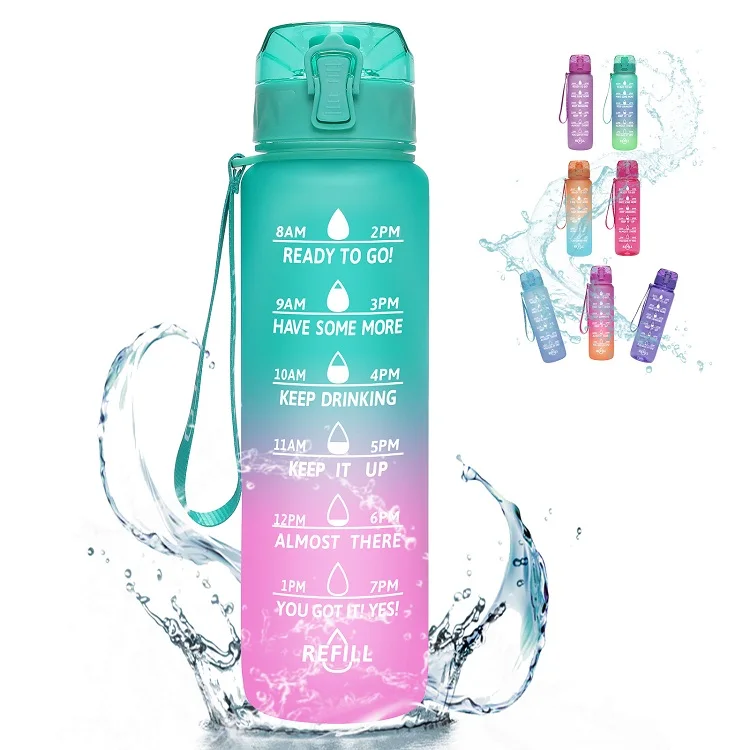 
OEM Plastic Sports Bottle 32 OZ Leak Proof Tritan Motivational Water Bottle with Time Maker 