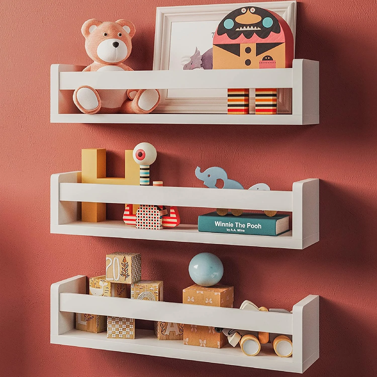 3 White Nursery Room Shelves - Solid Wood Ideal for Books, Toys and Decor (Whitewashed Grey)