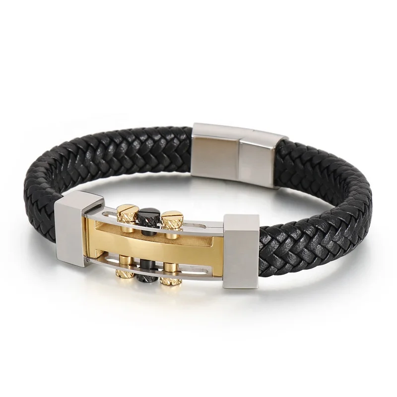 New fashion jewelry stainless steel metal rivet punk style magnet buckle leather bracelet