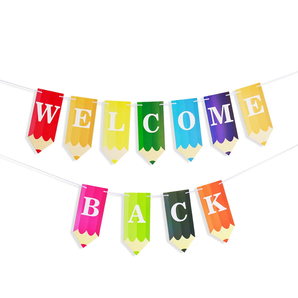 Opening season flag pull welcome back pencil letters banner classroom decoration pull flower return to school party decoration