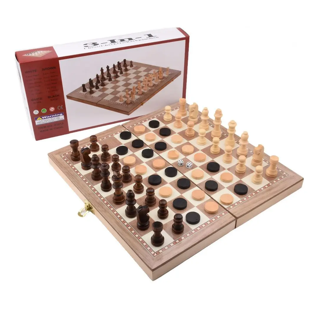 New arrival 3 In 1 folding wooden International chess set for kids teens adults