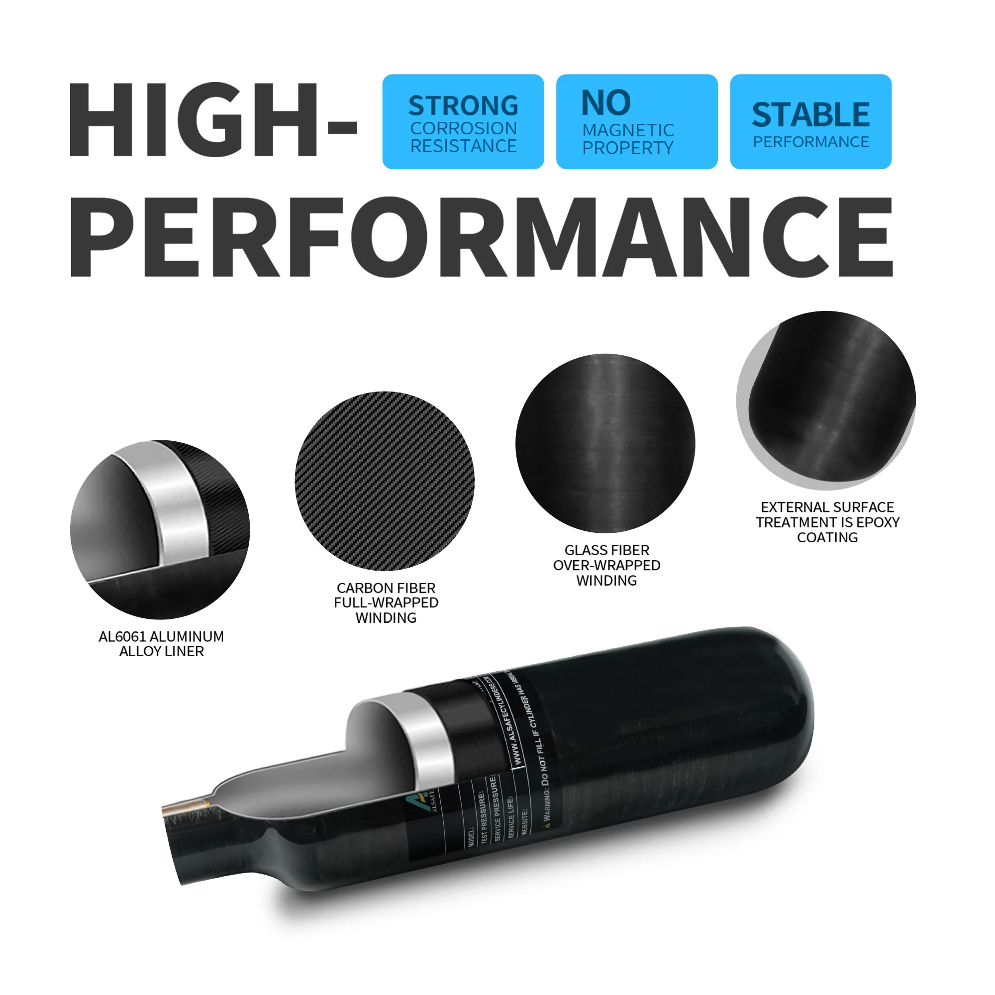 GP High Strength 0.22L MIni High Pressure 300bar 30mpa 4500psi Gas Cylinder PCP Fully Wrapped Composite Carbon Fiber Air Tank