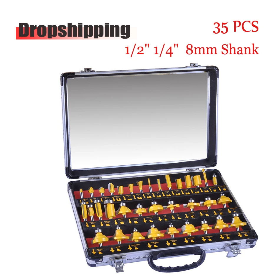  Alpha CNC Router Wood Cutting Bits 35Pcs 1/2' 1/4' 8mm Shank Tungsten Carbide Tip Bit Set For DIY wood