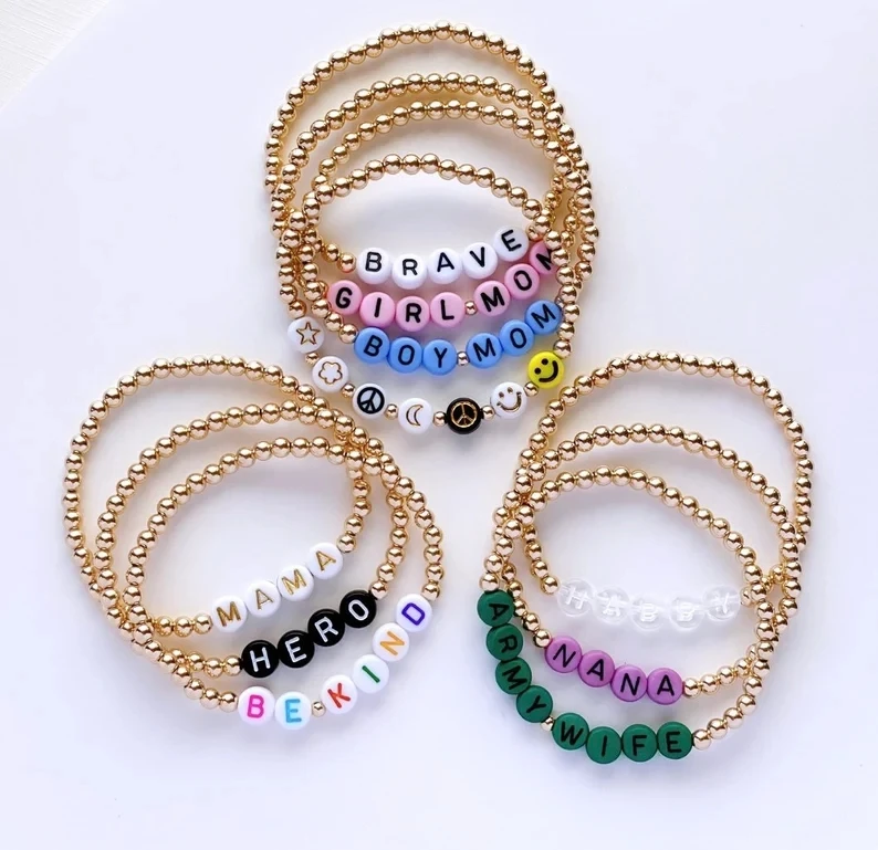 Custom Word Name Beaded Bracelet 14kt gold filled Beaded Bracelet set Personalized Heart Beaded Name Bracelet Jewelry