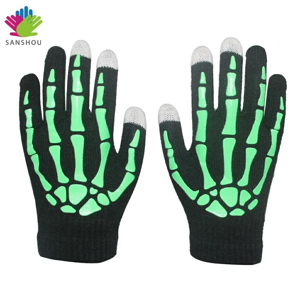 Wholesale Factory Supply  Acrylic Knitted Children Winter Warm Magic Luminous Skull Gloves