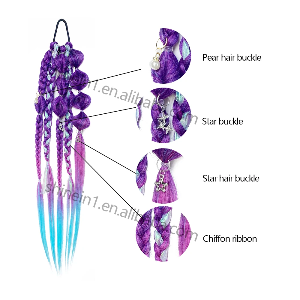 Shinein 24inch Blue Ombre Colored Pre Stretch Braiding Hair Yaki Handmade Crochet Braided Pony Tail Hair Extensions