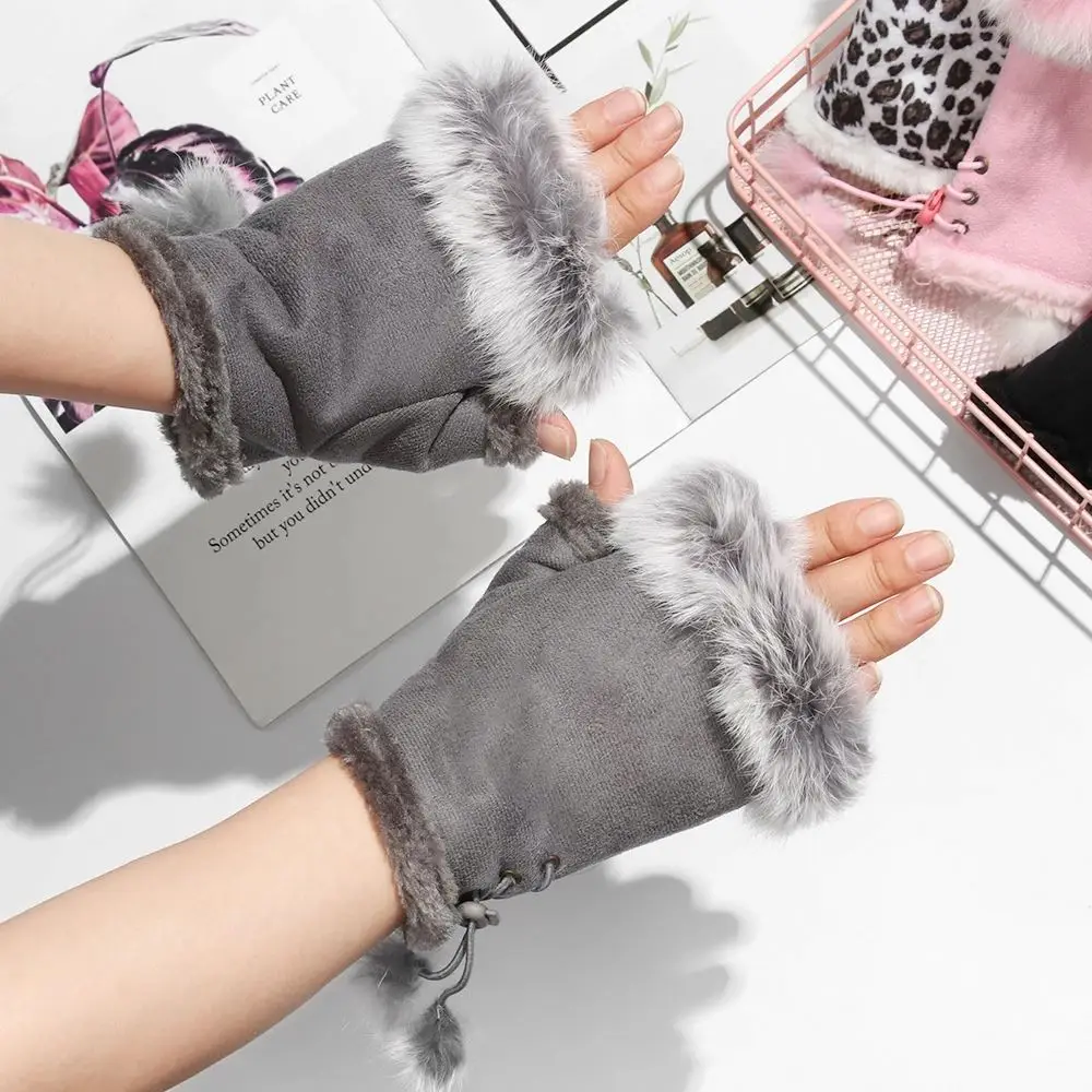 Fashion Faux Rabbit Hair Gloves for Women Girls Autumn Winter New Warm Fingerless Suede Mittens Soft Comfortable Stretch Gloves