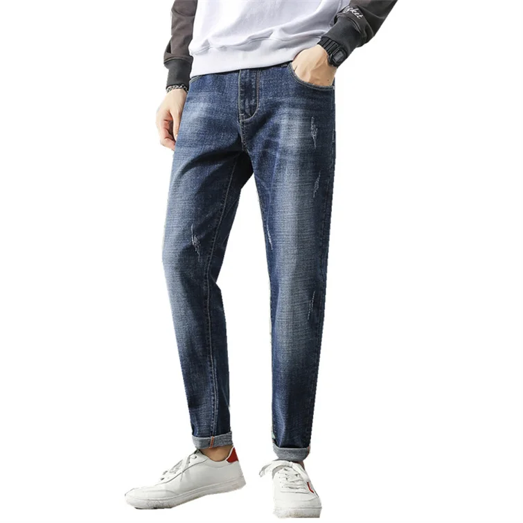 Oem Top Quality Men Blank Plain Blue Wholesale Ykk Zipper Jeans Trousers