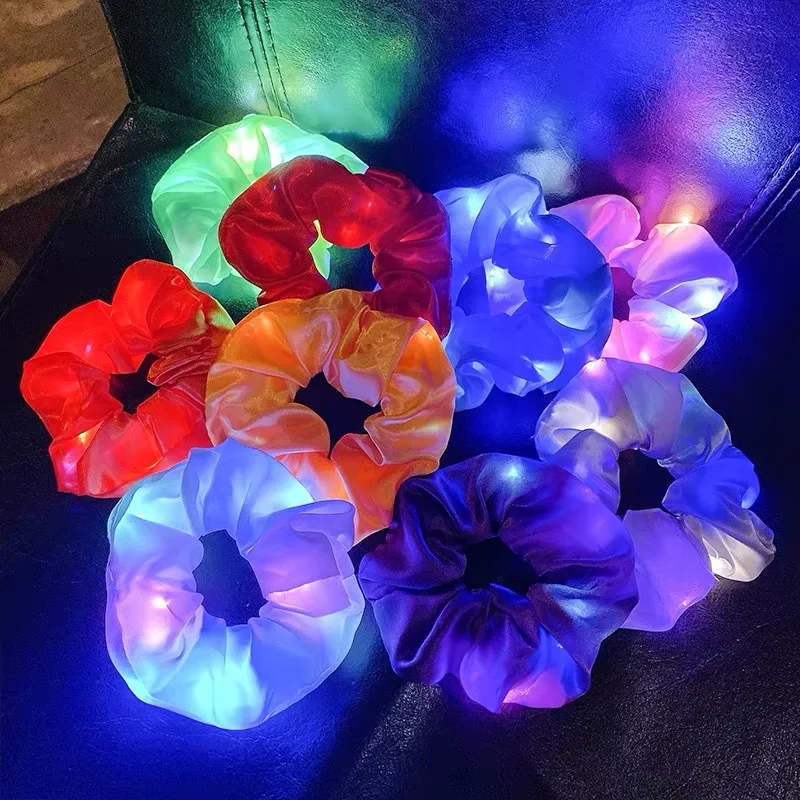 Festival Christmas Hair Accessories Women Elastic Ponytail Holder Led Lighting Satin Hair Scrunchies