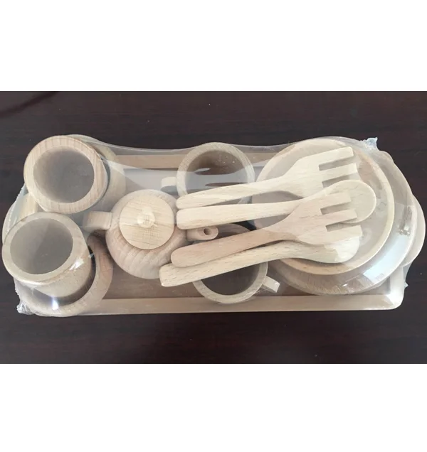 
Hot sale popular simulation tableware solid beech wood kitchen toy tea set for kids 