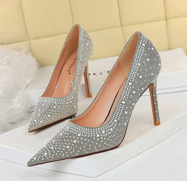 Korean fashion sexy women suede pointed toe rhinestone thin high heel shoes 42 43