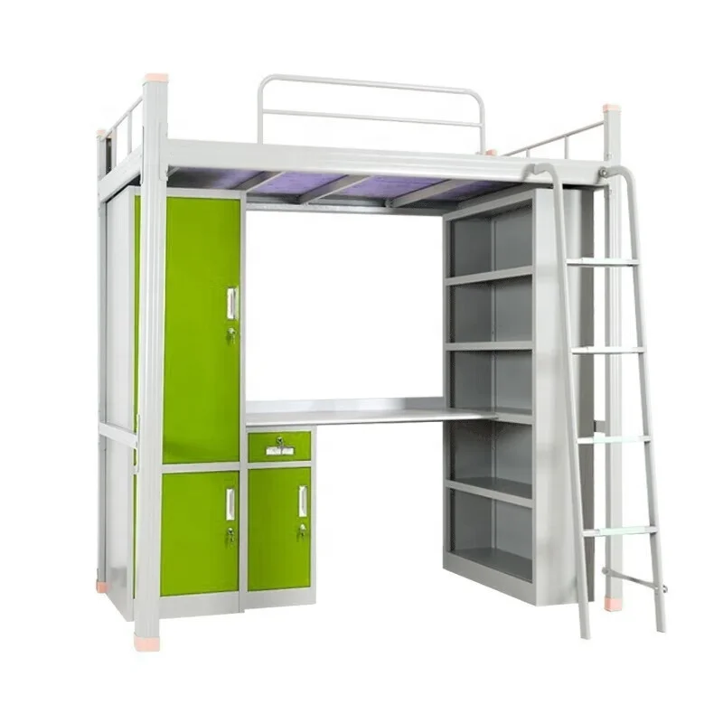 Twin Platforms Steel Loft Bed Metal Bunk Bed With Built-In Desk For Dormitory Bedroom Boys Girls Adults