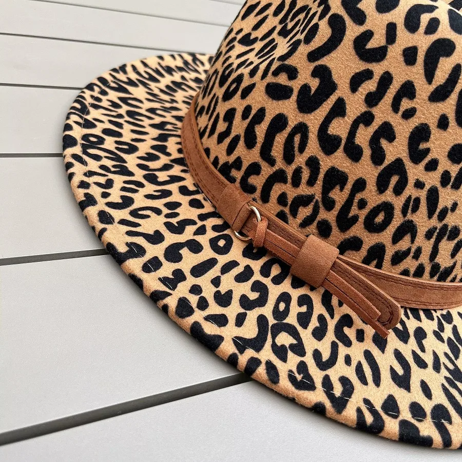 Large Flat Brim Autumn Winter Elegant Hats for Ladies Men Jazz Leopard Fedora Hat
