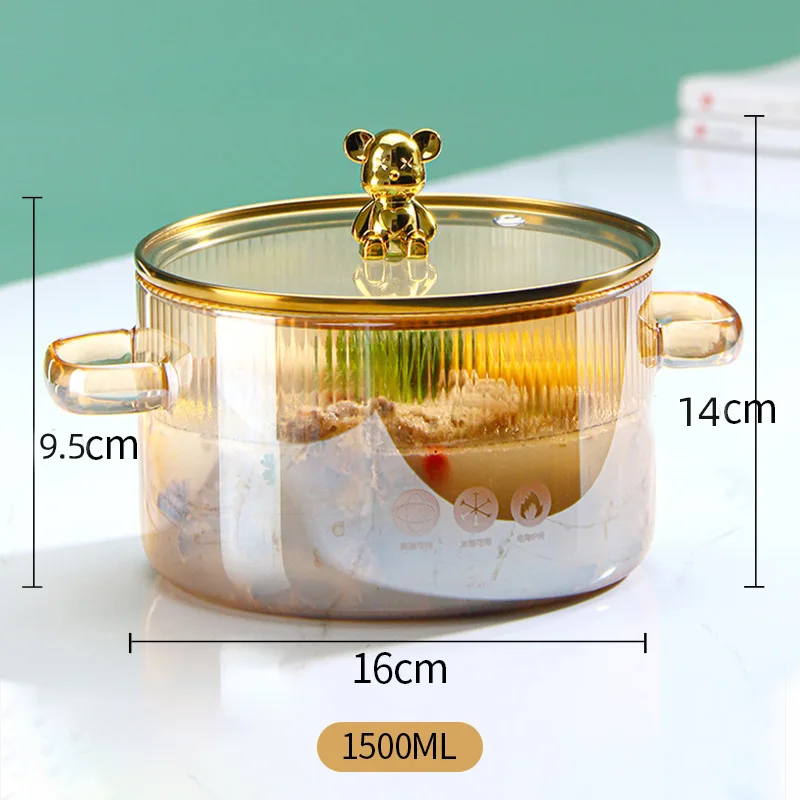 Bear striped glass stock thickening double ear clear glass milk pot noodle bowl high appearance level universal hot pot