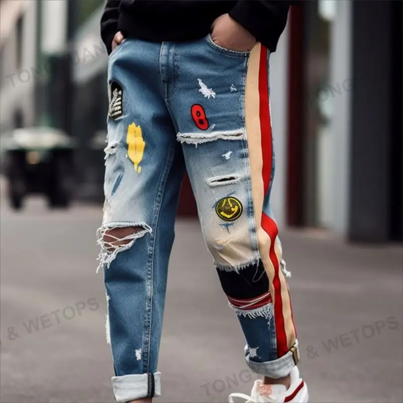 Wholesale Children Elastic Waist Jean Pants Paint Print Side Stripe Denim Ripped Straight Jeans For Kids Boy
