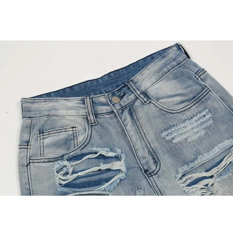 High Quality Popular Design Washed Denim Ripped Selvedge Vintage Mens Flare Jeans