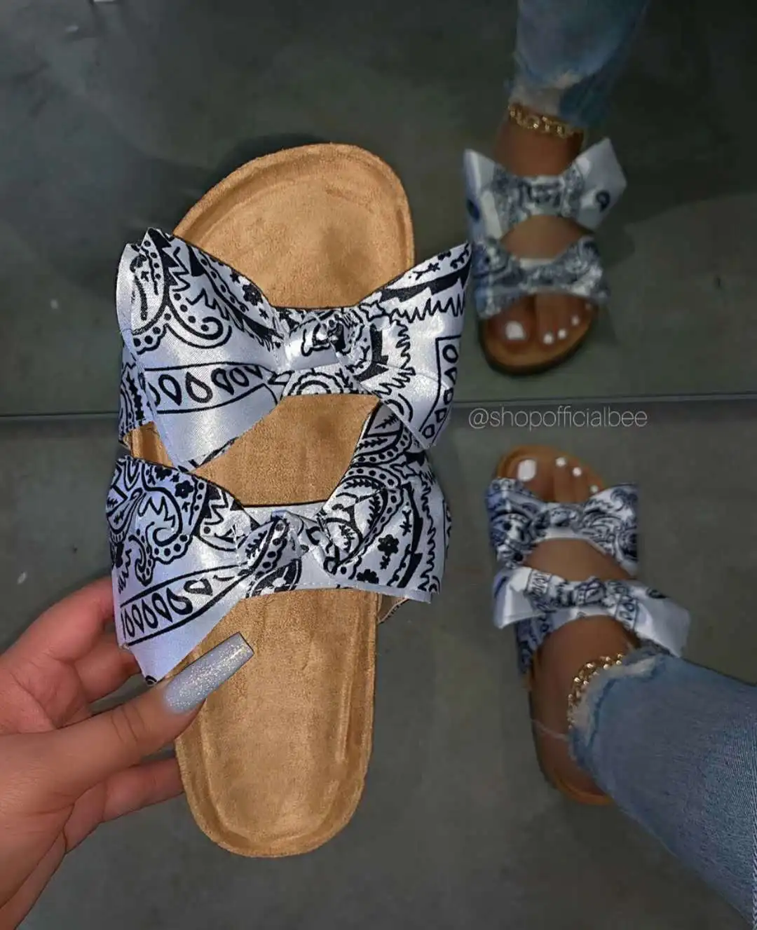 Wholesale Casual Summer Flat Shoes Bow-Knot Silk Slides Slippers Outdoor Beach Ladies Slipper Sandal Women