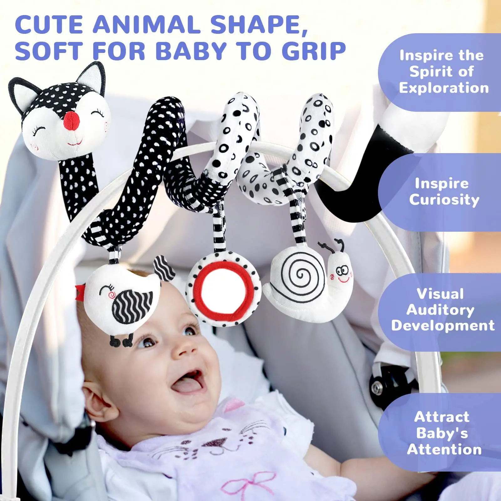 Black White Stroller Baby Spiral Plush Activity Toy Car Seat Toys Newborn Sensory Hanging Rattle Toys For Crib Mobile