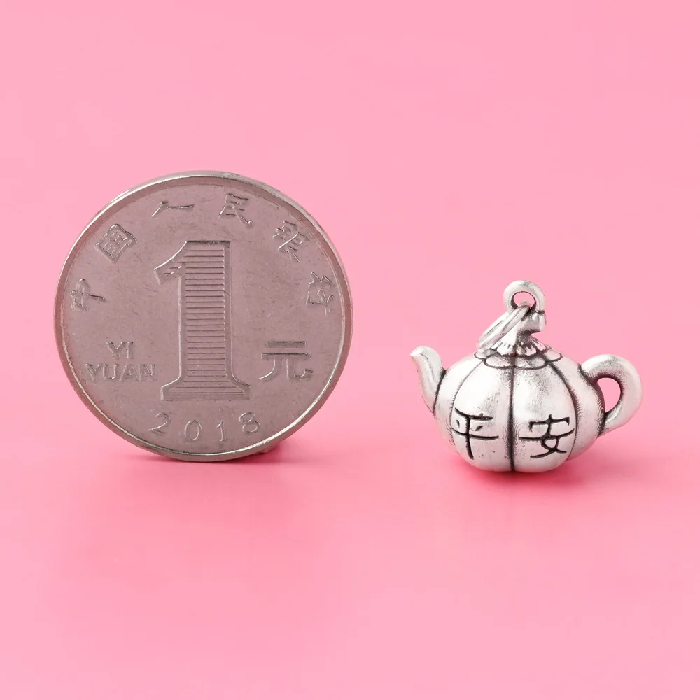 Ping an Unisex Retro Ruyi Small Teapot Pendant Hip Flask Accessories Silver Plated 999 DIY Pendant