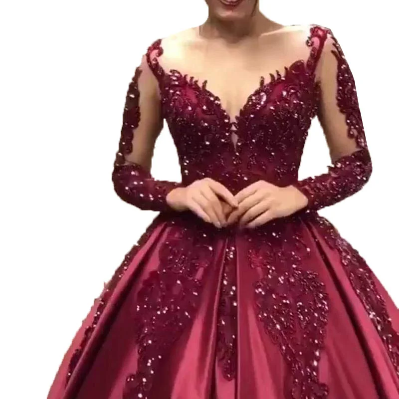 
Elegant V Neck Long Sleeve Grohada-Sparkle Wedding Party Women Dresse For Engagement Eveing Party Dress 