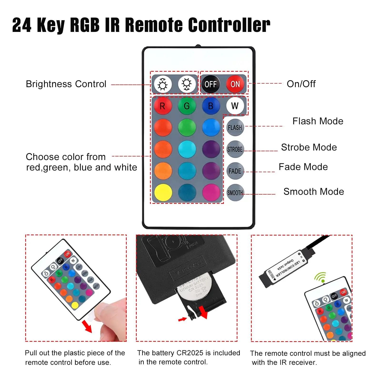 USB Led Light Controller, 5V Led Light Remote Replacement with 24 Key Infrared Remote for DC 5v 5050 3528 RGB LED Strip Light