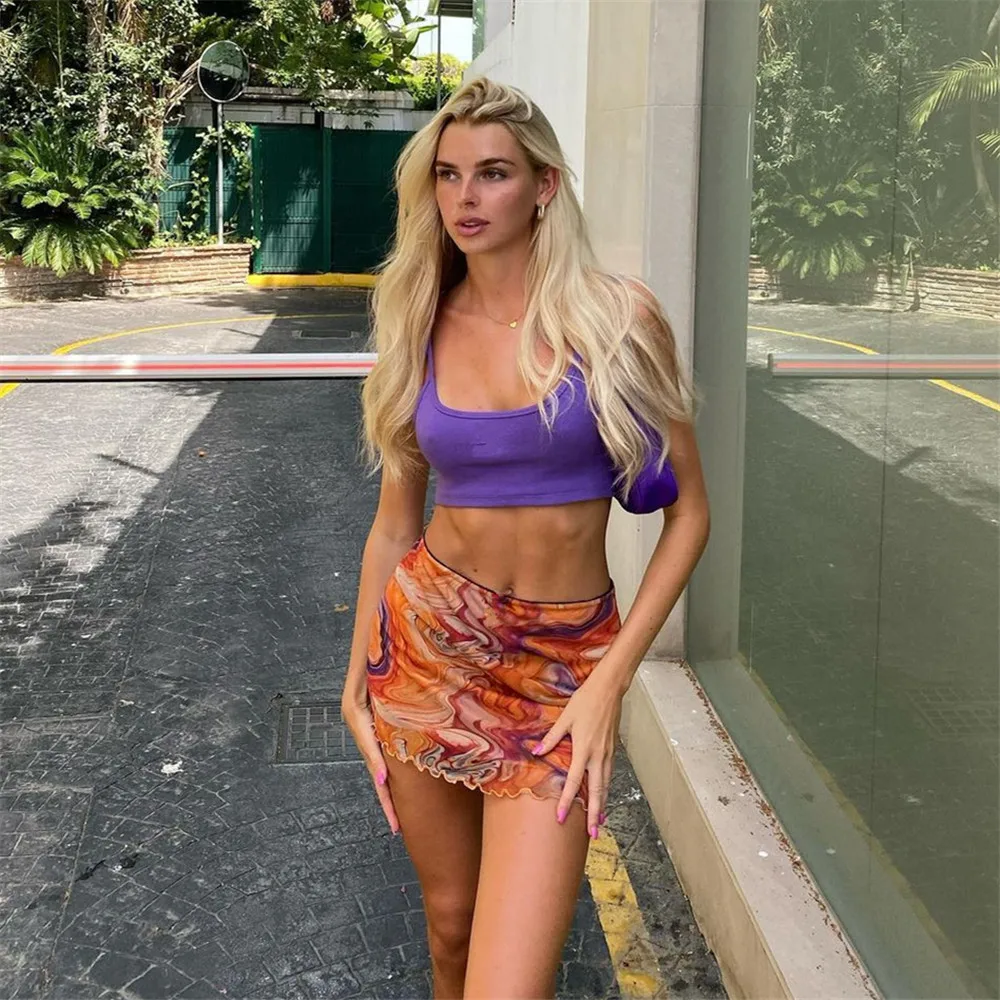 2022 Wholesale New Sexy bikini with net gauze Print Beach Skirt split three-piece Swimsuit