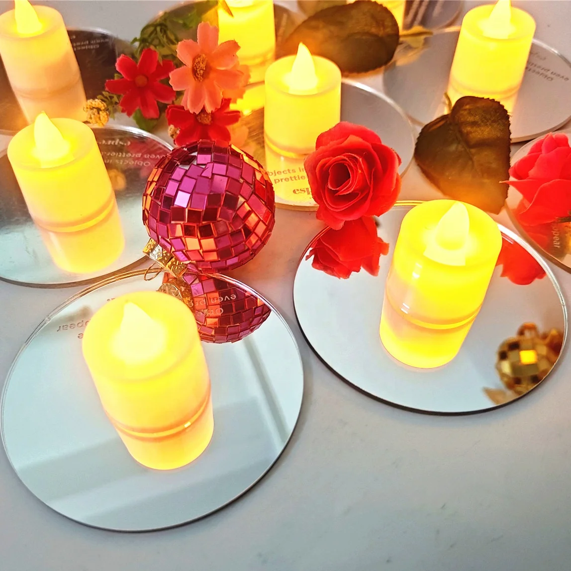 Art Deco Round Acrylic Mirror Candle Light Vase Plastic Centerpiece for Wedding Christmas Gifts Cosmetic Use