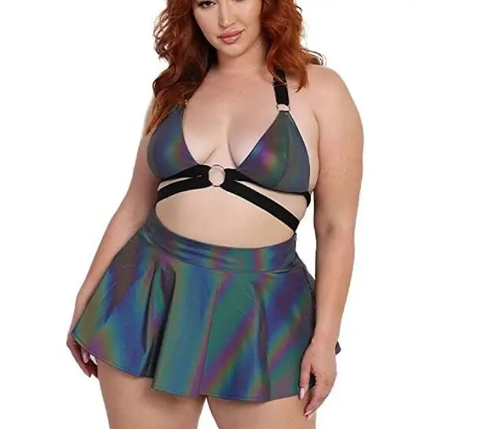 fashion A-line hi viz rainbow reflective women ladies Jk girl hot style club sexy short dress side zipper miniskirt mini skirt