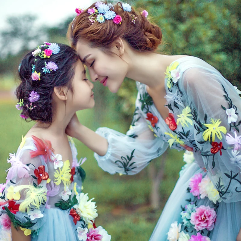 Flower fairy princess adult child dress long birthday  costume parent-child outfit royal blue princess wedding gown dress