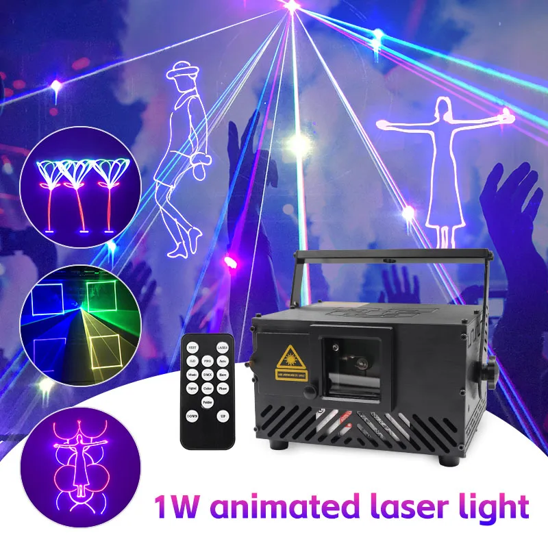 Высокая мощность 1 Вт RGB полноцветные лазерные анимационные сценические огни высокой яркости