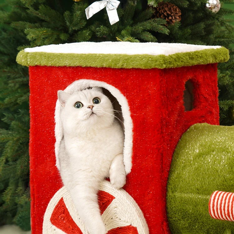 Top Selling Christmas Train Cat Tree Cat Climbing Frame High Quality Rabbit Hair Cat Climbing Frame