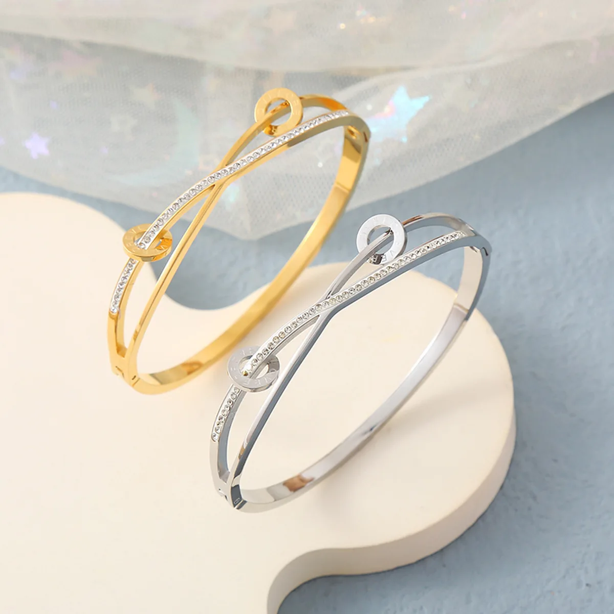 New Simple Cross Diamond Cuff Bracelet Bangle Gold Plated Hollow-out Round Letter Titanium Steel Bracelet