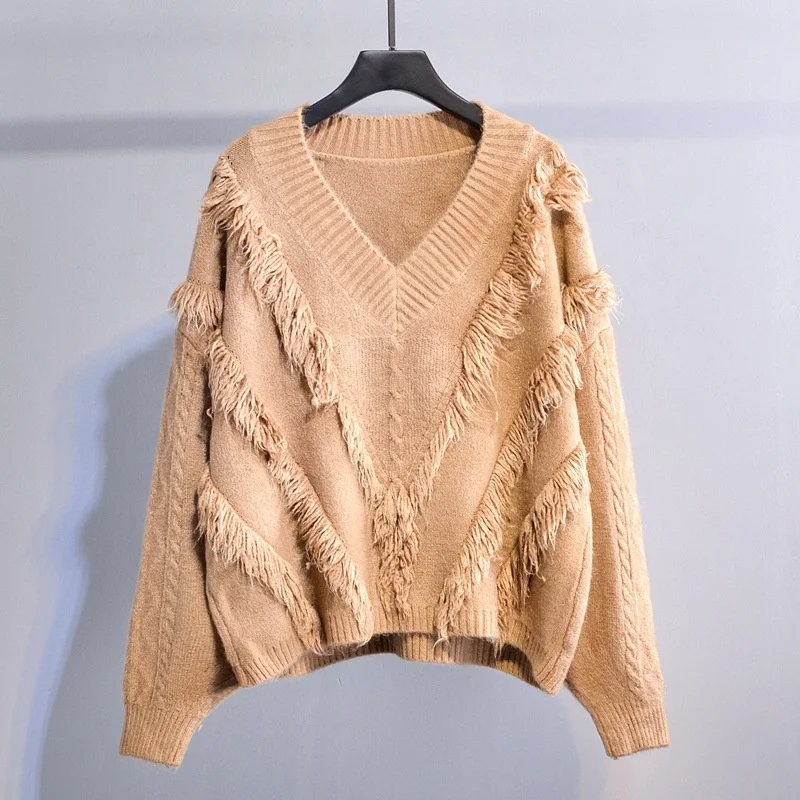 B23698A Women V-neck fringed knit sweater spring and autrumn wear sweater