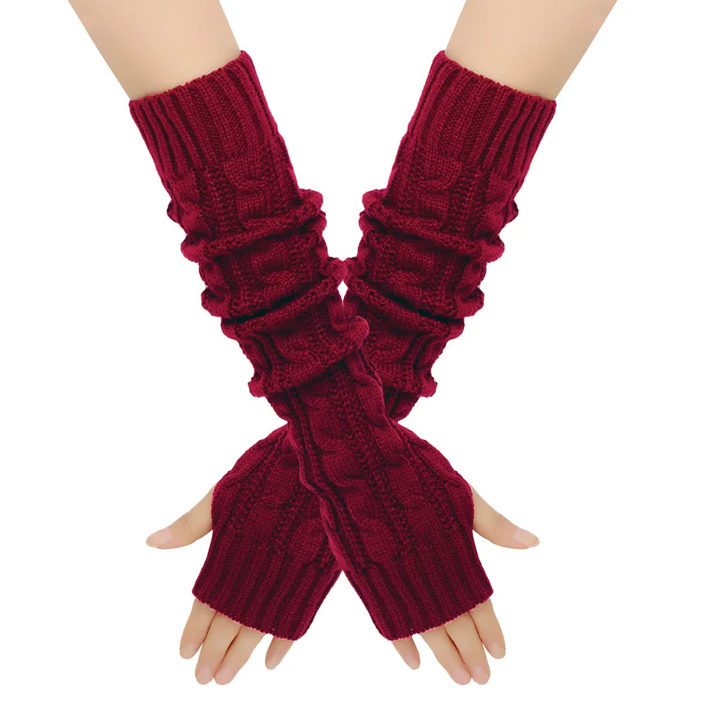 Factory custom logo outdoor warm cuff solid color twist long half finger cuff elastic knit cuff