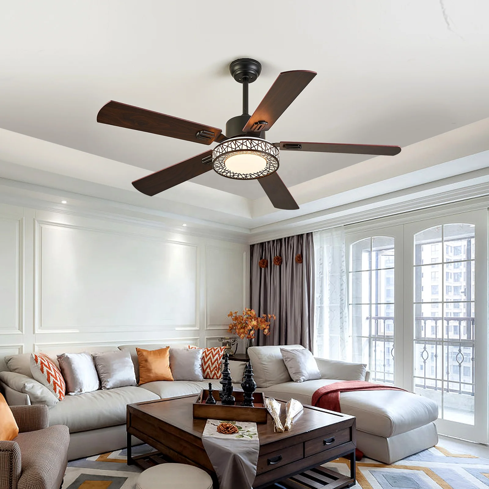 Reversible 52 Inch 35W BLDC Walnut Wood Finish Ceiling Fan With Remote Dimming Light