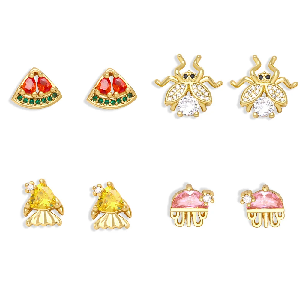 Dainty Cute Mini Animal Fish Jellyfish Bee Stud Earrings for Girls Colorful Zircon Watermelon Cartilage Earring Summer Jewelry