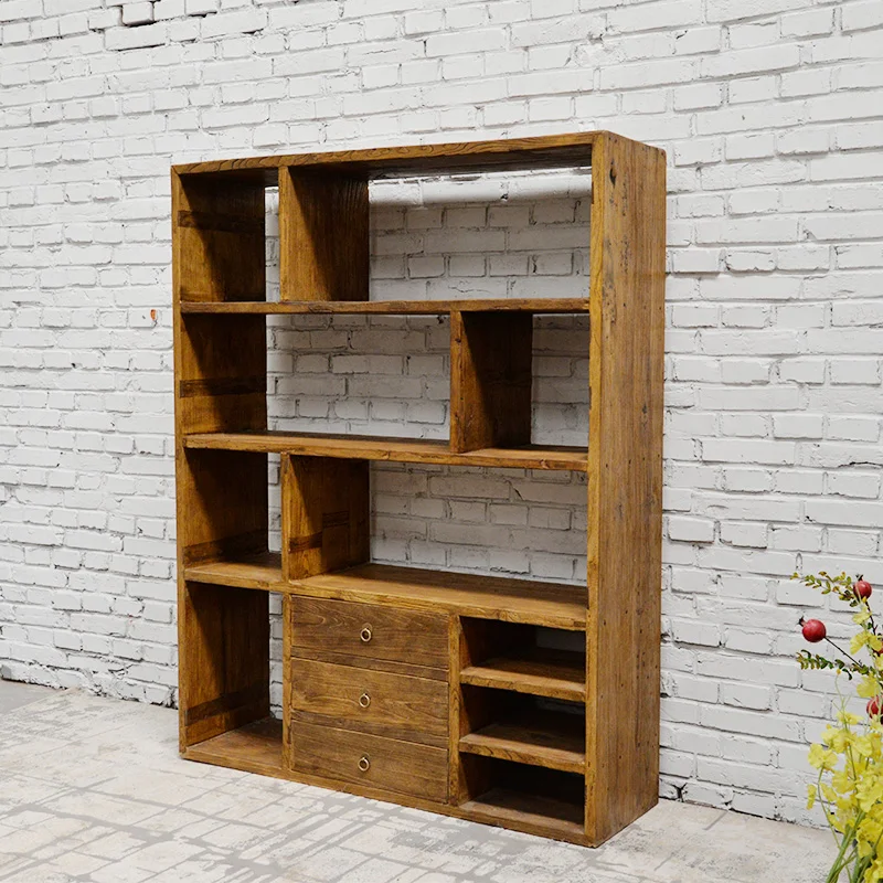 Chinese Antique Recycle Solid Elm Wood Rustic Natural Shelf Bookcase