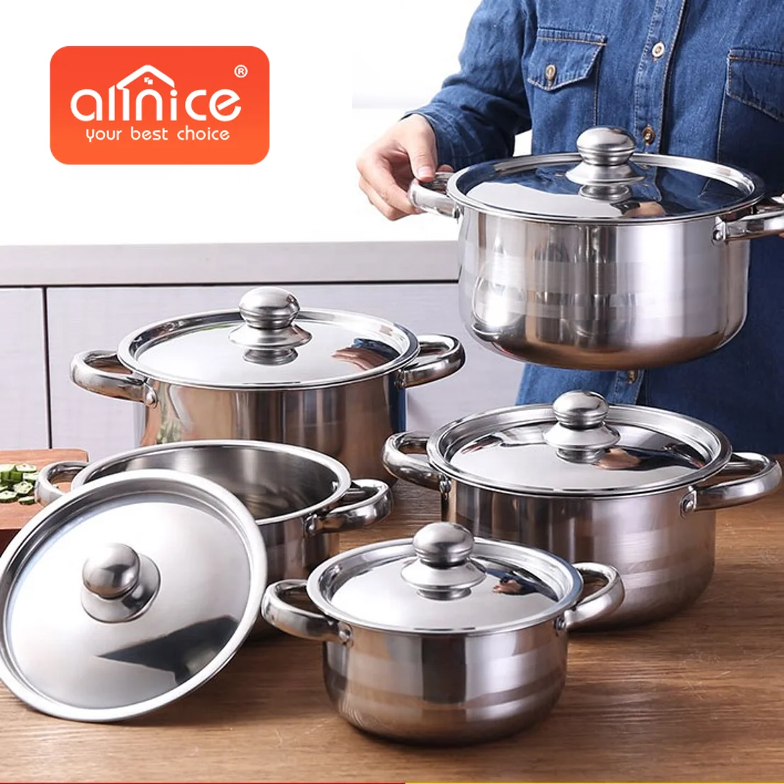 Wholesale 10 Pieces Kitchen Stainless Steel Cooking Casserole Set Soup & Stock Pots Set