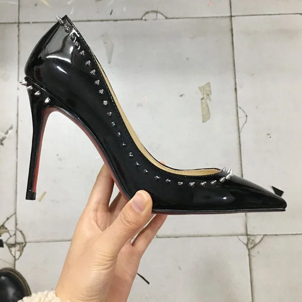 Hoslasen shoe factory black patent with silver rivets 100mm heel pumps custom high heel shoes