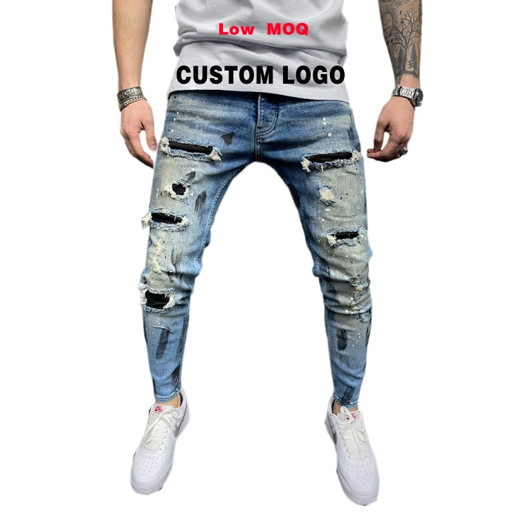 Новое поступление, облегающие джинсы, эластичные поврежденные джинсовые штаны, мужские джинсы с логотипом на заказ, потертые мужские джинсы в байкерском стиле