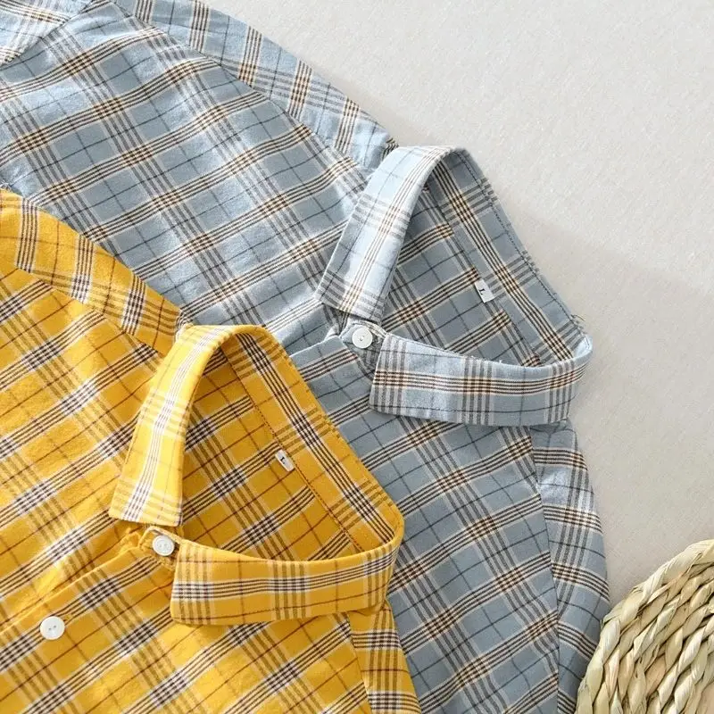 Kafany Garment Classic Plaid Shirt for Men Summer Casual Loose Lapel Pocket Cotton Linen Short-Sleeved Youth Male Clothes