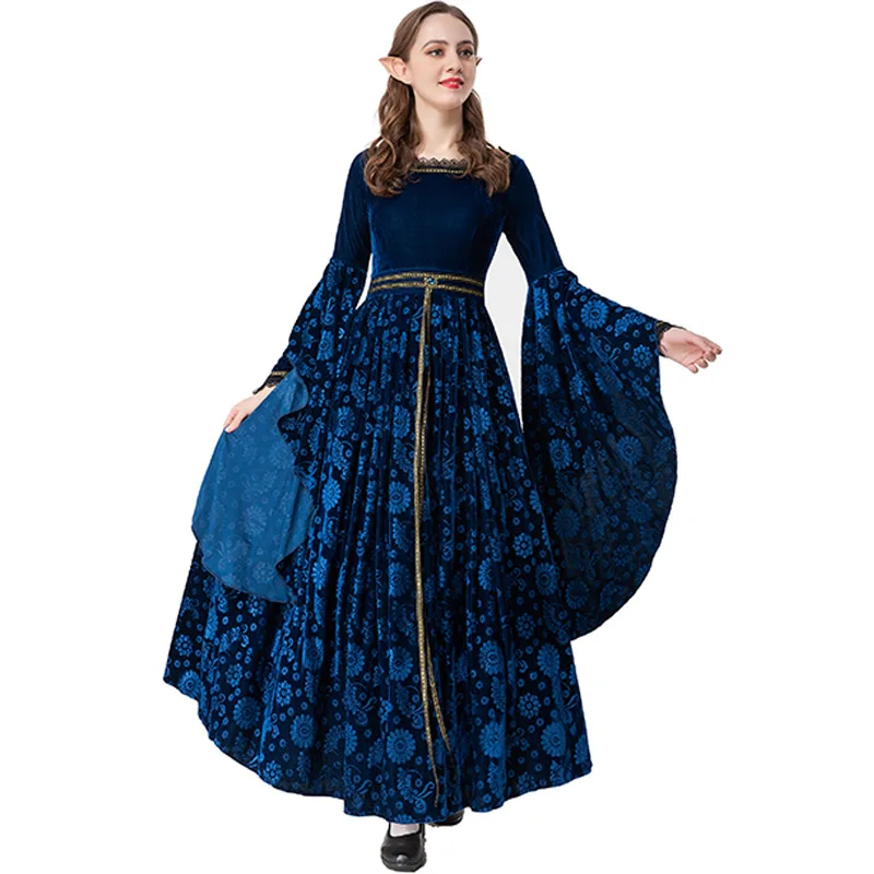 Medieval Cape Costume Renaissance Dark Blue Dress Victorian Cosplay Retro Gown with Hoodie Cloak