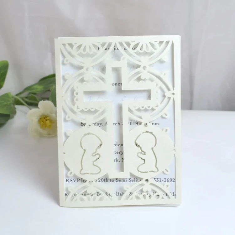Christian cross design laser cut boy baptismal invitation cards wrap for first communion decoration
