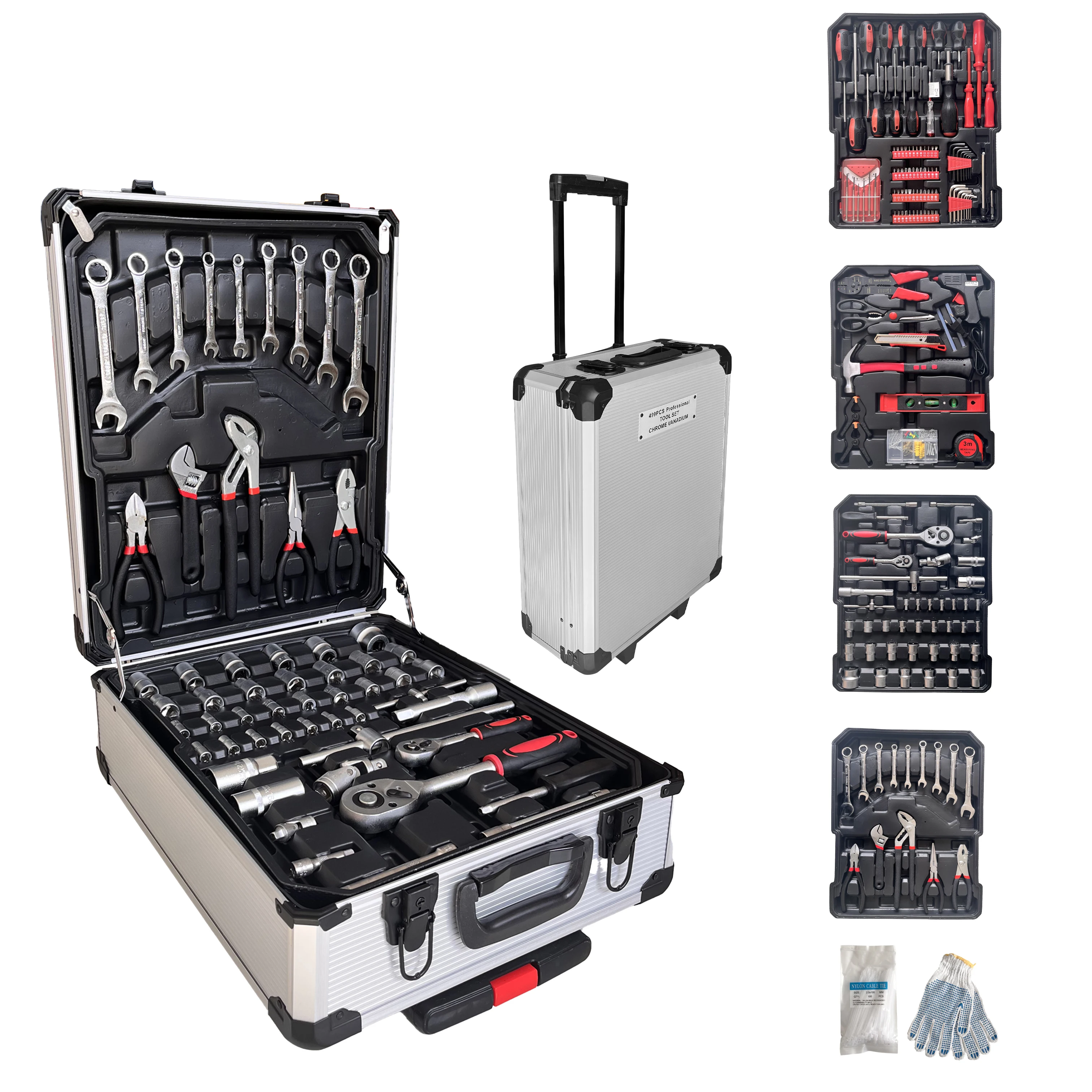 187 Pcs Professional Hand Tools Set Box Aluminum Cases Box For Household Auto Repair with Wheels