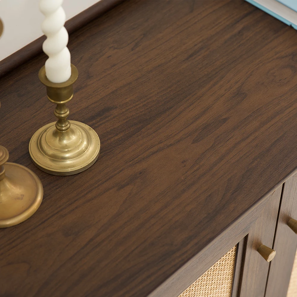 Adjustable Shelf Large Capacity Kitchen Cupboards Solid Wood Walnut Three-Door Storage Rattan Cabinet With Beech-Rattan Door