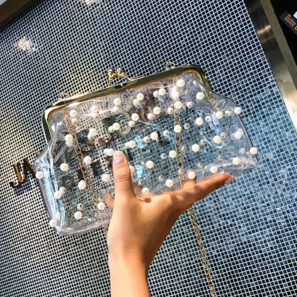 
Transparent Diagonal Package with Beading And Chain Shoulder Bag Handbag 