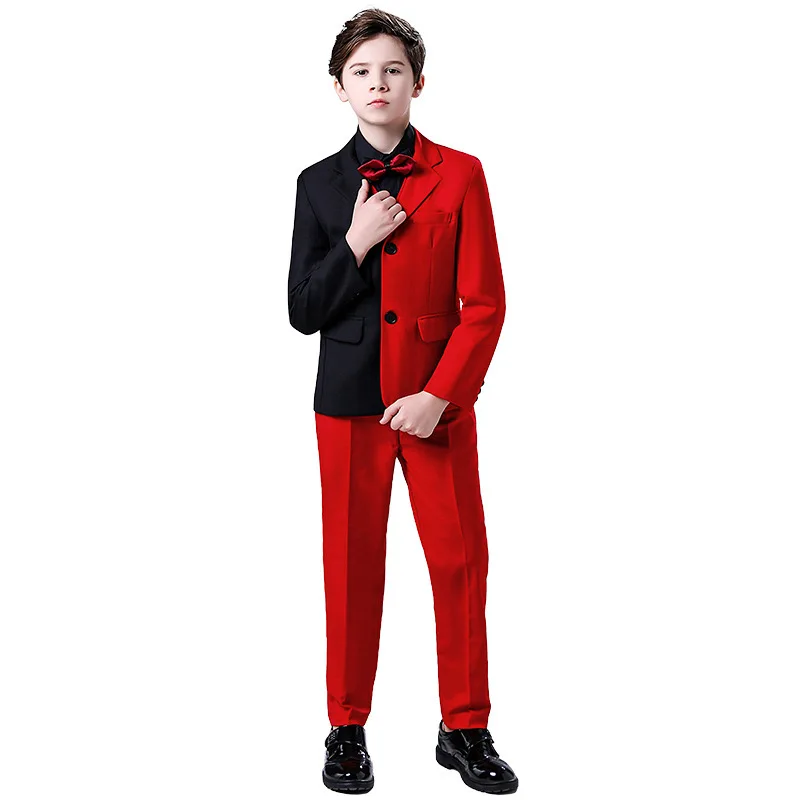 Red Black Contrast Color Men Dinner Tails Boys Formal Tuxido Dress Suits Kids Christmas Blazer Set Children Wedding Clothing