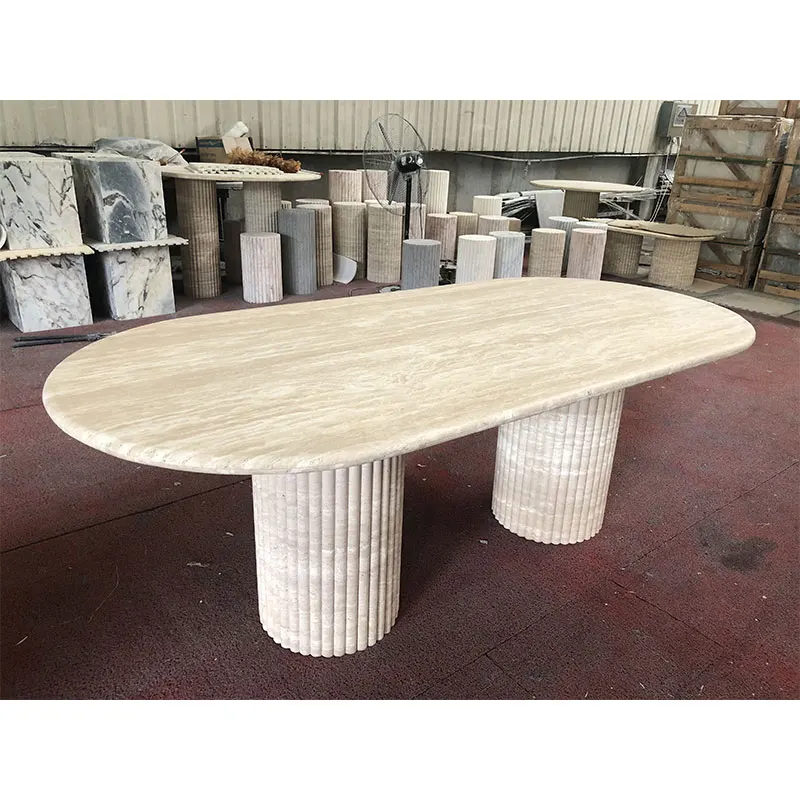 Customization natural stone oval kitchen room furniture restaurant marble travertine top dining table