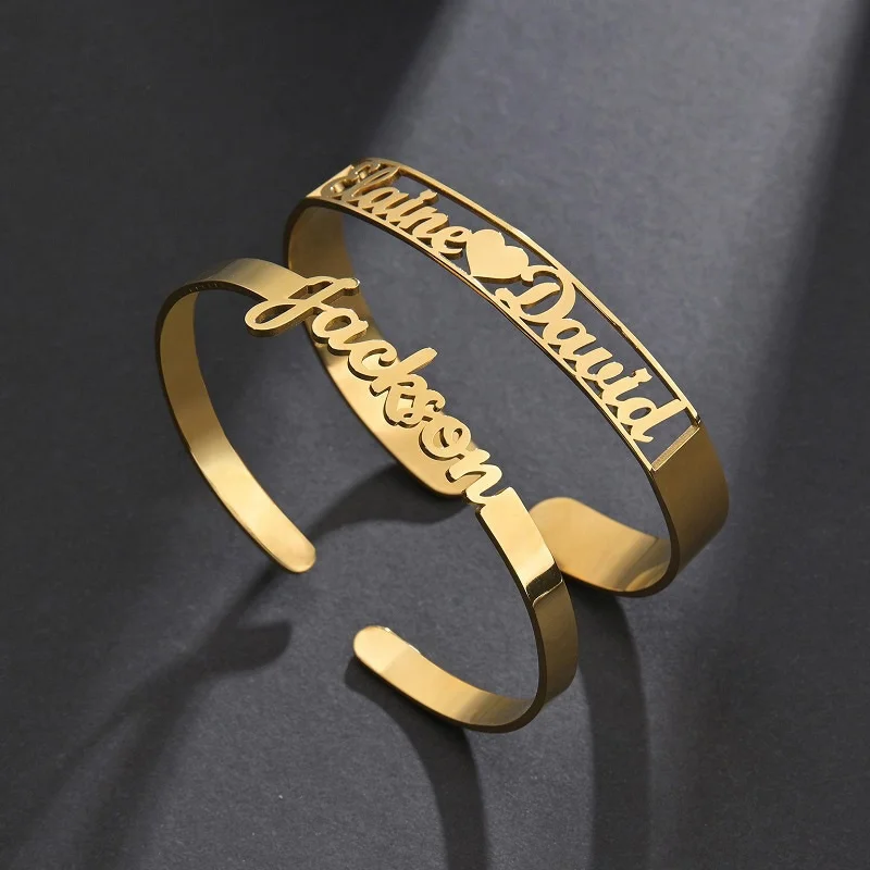 Custom Name Letter Cuff Bracelet Waterproof Opening 18k Gold Plated Stainless Steel Bracelet Bangles Jewelry Women